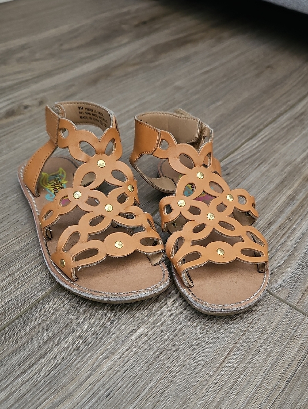 Girls Tan Cutout Gladiator Sandals with Gold Studs